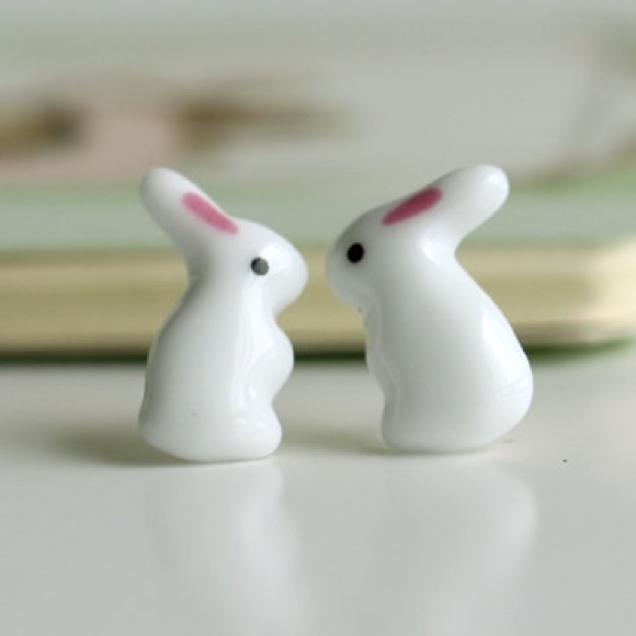 Jewelry - Ceramic white bunny rabbits Easter earrings gift